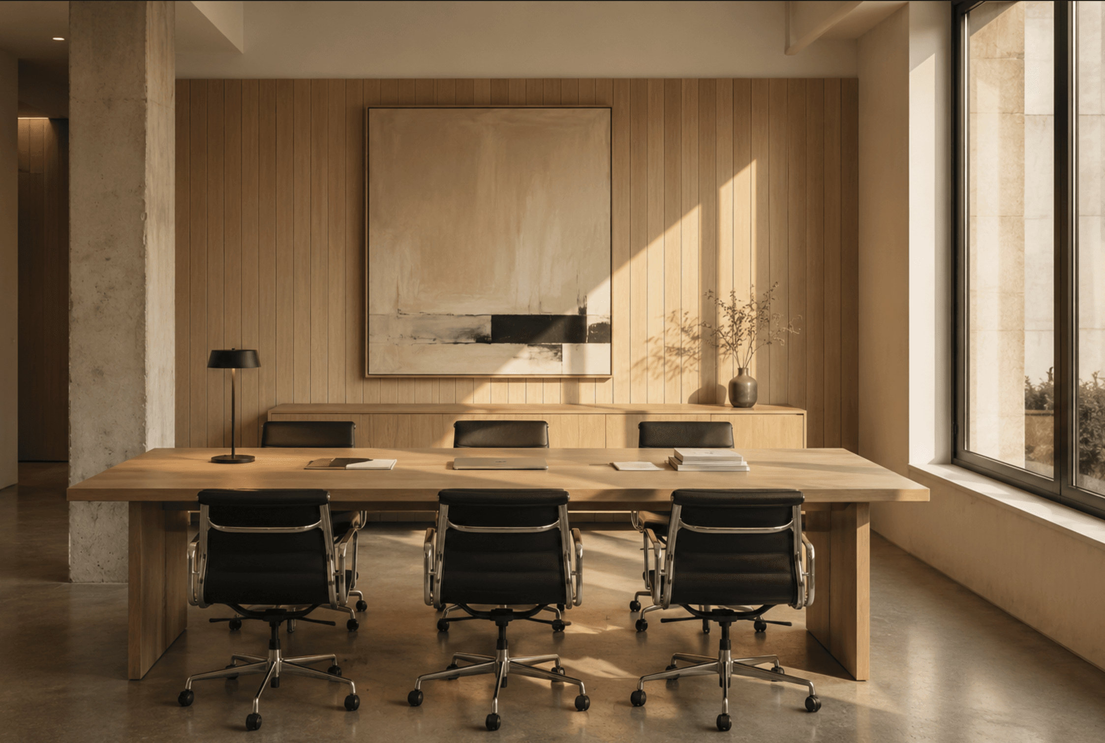 Ramos Urías boardroom — light oak conference room with abstract artwork