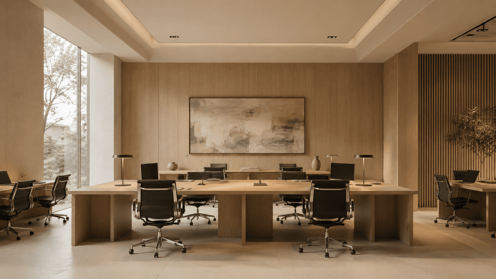 Ramos Urías boardroom — light oak panelling, meeting table and executive chairs